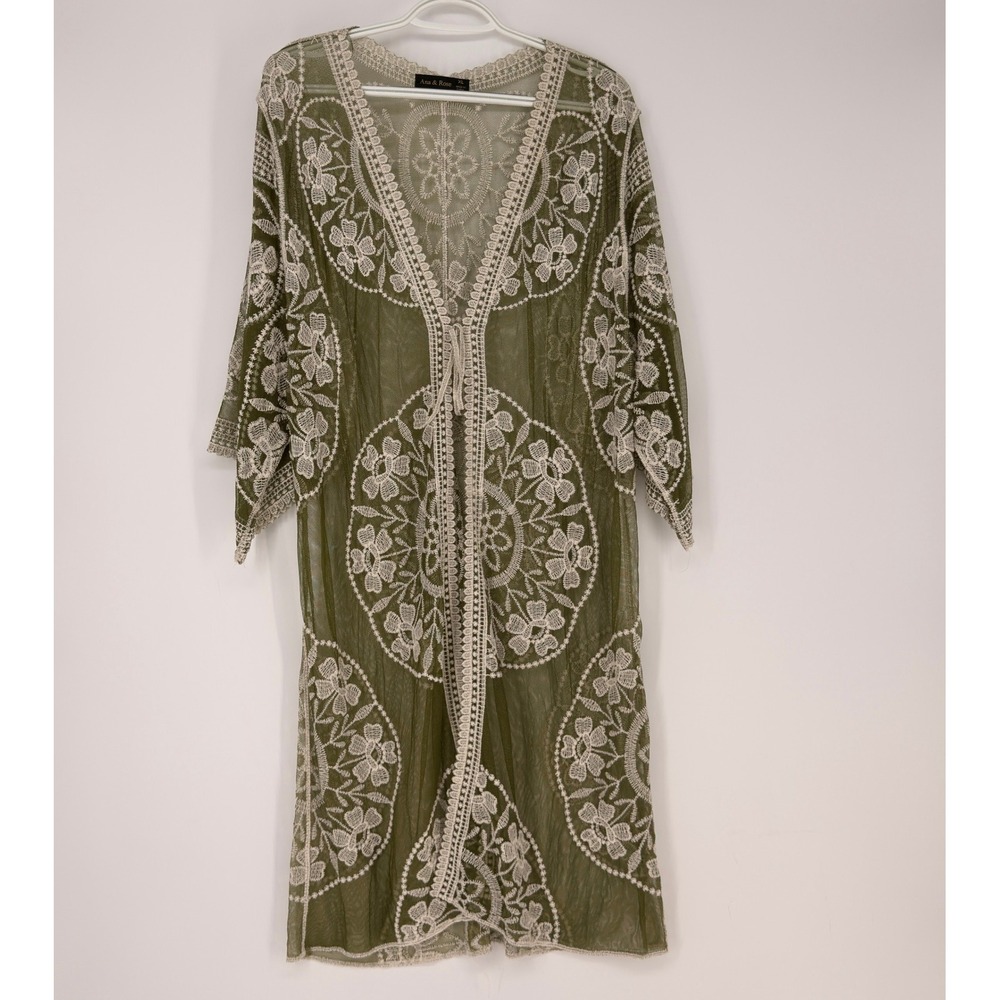Kimono Womens XL Olive Green Floral Lace Sheer Mesh Boho Festival Ethereal Beach